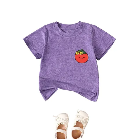 Kids Fashion Casual Cotton Polyester Blend T-Shirt Cute Playful Tomato Flower Printed Round Neck Short Sleeve Top For Unisex Boys Girls Daily Casual Wear