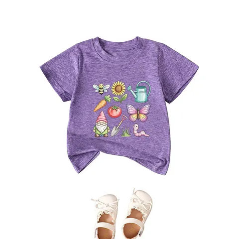 Bee Sunflower Garden Gnome Kids T-Shirt Cute Cartoon Printed Short Sleeve Crew Neck Cotton Blend Summer Top For Girls Boys