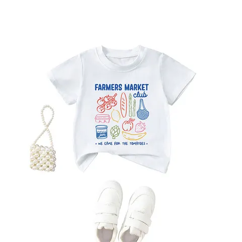 Kids Crew Neck Short Sleeve T-Shirt Cotton Polyester Blend Printed Farmers Market Club Casual Summer Top For Boys Girls