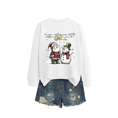 Felpa da Donna in Cotone di Natale Divertente Babbo Natale Pupazzo di Neve Stampato Girocollo a Maniche Lunghe Pullover Comodo