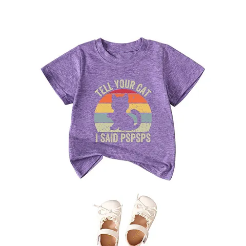 Tell Your Cat I Said Humorous Kids T-Shirt Retro Sunset Cat Print Cotton Blend Short Sleeve Top For Children Unisex Casual Tee
