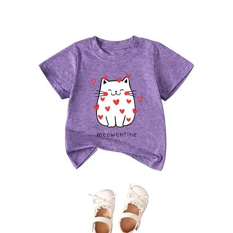 Kids Cute Cartoon Cat Heart Printed T-Shirt Western Style Round Neck Short Sleeve Cotton Blend Casual Top For Unisex Children