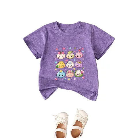 Kids Casual Cotton Blend T-Shirt Cute Cartoon Dumpling Printed Round Neck Short Sleeve Undershirt Top For Boys Girls