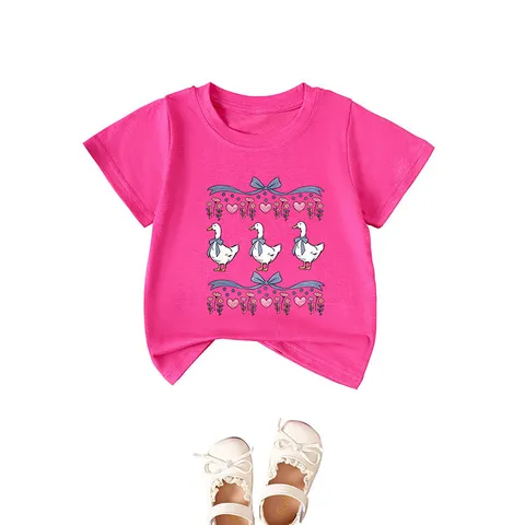 Kids Cute Cartoon Duck Print T-Shirt Bow Heart Flower Graphic Round Neck Short Sleeve Tee Cotton Blend Casual Top For Girls Boys