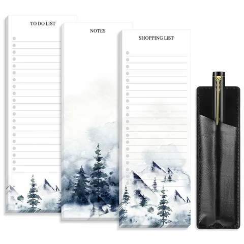 Bloc-Notes Magnétique Paysage à l'Encre Style Chinois Liste de Courses To Do List avec Porte-Stylo en Cuir