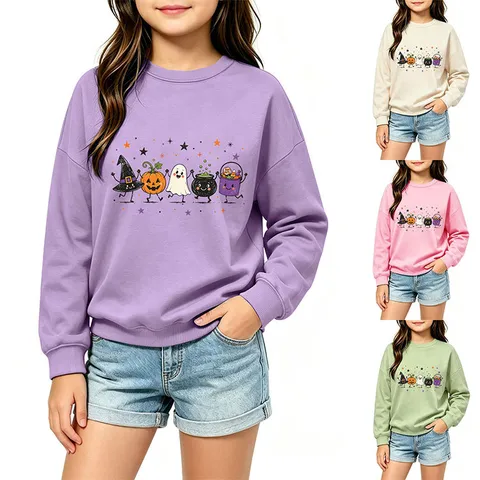 Kids Halloween Cartoon Printed Sweatshirt Loose Casual Long Sleeve Pullover Top For Toddler Boys Girls Cute Festive Holiday Clothes
