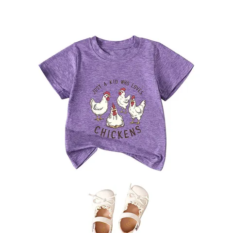 Kids Casual Euro-American Cotton Polyester Blend Round Neck Short Sleeve Printed Graphic Top Cartoon Chicken Printed T-Shirt For Unisex Children