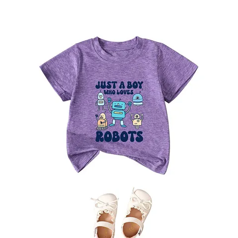 Kids Cartoon Robot Graphic T-Shirt Just A Boy Who Loves Robots Letter Printed Short Sleeve Top Cotton Blend Tee