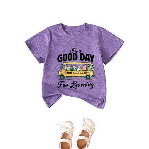 Kids Cute Cartoon School Bus Graphic Top Cotton Polyester Blend Printed Round Neck Short Sleeve T-Shirt For Boys Girls