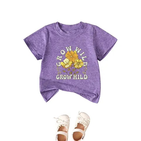 Kids Casual Cotton Blend T-Shirt Retro Flower Grow Wild Letter Print Round Neck Short Sleeve Top For Boys Girls