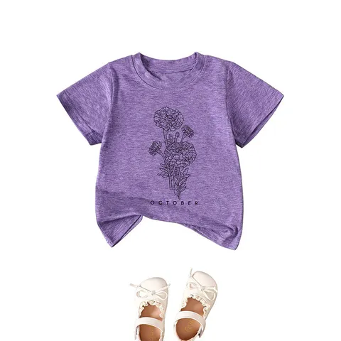 Kids Cotton Blend Floral Print T-Shirt Casual Comfortable Short Sleeve Top For Boys Girls October Letter Graphic Tee