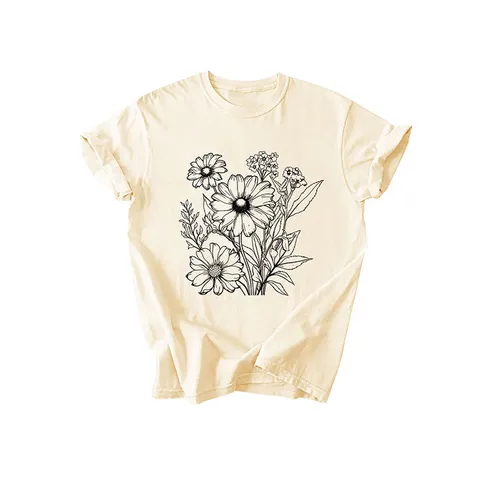 Maglietta da Donna Casual in Misto Cotone Elegante Girocollo Manica Corta Top Stampa Grafica di Bouquet Maglia Quotidiana Estate Abbigliamento