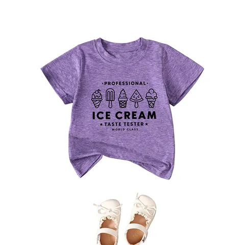 Maglietta a Maniche Corte Girocollo in Misto Cotone Poliestere Casual per Bambini Top con Grafica Stampata Divertente Gelato Lettera Abbigliamento