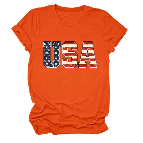 Γυναικείο T-Shirt με Εκτύπωση Γραμμάτων Σημαίας ΗΠΑ Casual Κοντομάνικο Στρογγυλή Λαιμόκοψη Μείγμα Βαμβακιού Καλοκαιρινό Τοπ