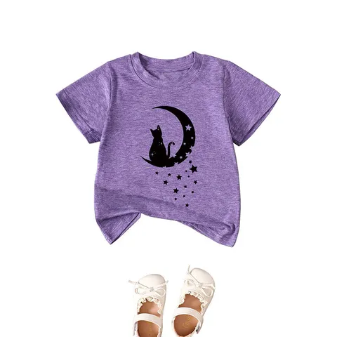 Kids Casual Cotton Blend Round Neck T-Shirt Moon Cat Star Graphic Printed Short Sleeve Top For Boys Girls Summer Clothing
