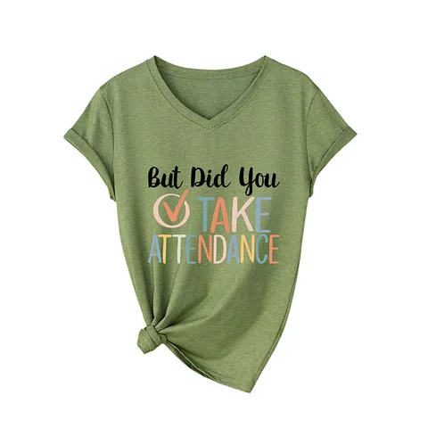 Women Casual Cotton V Neck Short Sleeve Top Western Printed Letter Slogan Loose Mid Length Pullover T Shirt For Everyday Wear