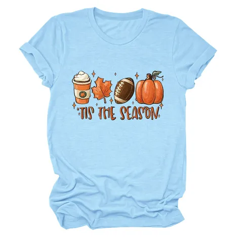 T-Shirt da Donna a Maniche Corte Girocollo con Stampa Zucca 'Tis The Season Top Casual in Misto Cotone