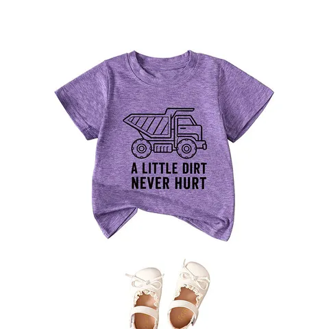 Kids Casual Cotton Polyester Blend T-Shirt Truck Letter Print Short Sleeve Round Neck Summer Top For Boys Girls