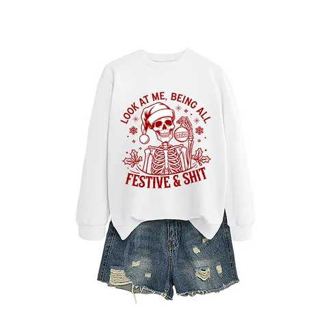 Sudadera Casual para Mujer con Gráfico de Esqueleto de Navidad Divertido Estampado de Letras Cuello Redondo Manga Larga Algodón