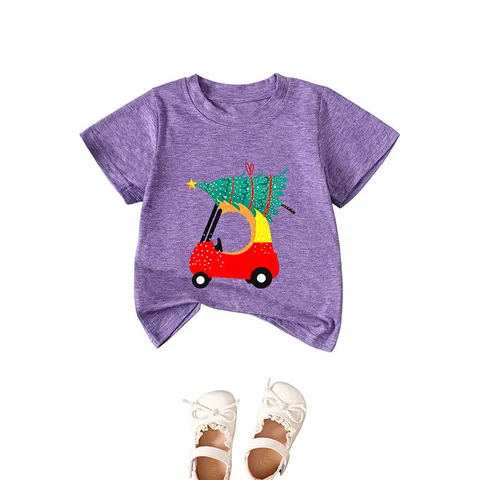 Kids Casual Short Sleeve T-Shirt Christmas Tree Car Print Cotton Blend Round Neck Tee Children Summer Holiday Top