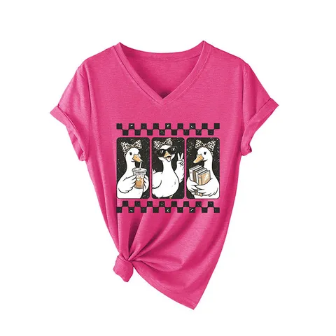 Women Casual Cotton V-Neck Short Sleeve Top Funny Cute Cartoon Duck Graphic Print T-Shirt Loose Fit Summer Pullover Tee
