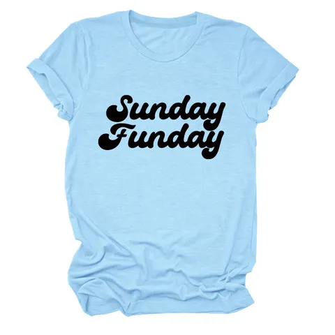 Sunday Funday Buchstaben Bedrucktes Damen Casual T-Shirt Baumwollmischung Lockere Passform Kurzarm Rundhals Top