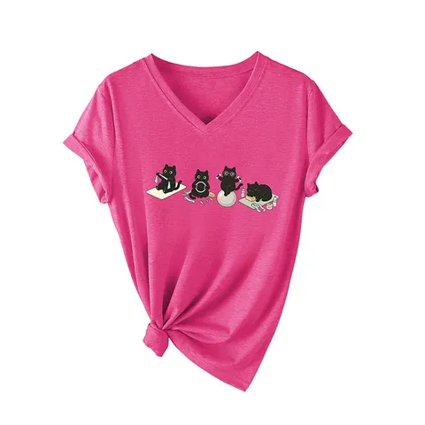 Γυναικείο Casual T-Shirt με Λαιμό V Κοντό Μανίκι Χαριτωμένα Αστεία Καρτούν Γάτες Γιόγκα Τυπωτό Χαλαρό Τοπ Μείγμα Βαμβακιού