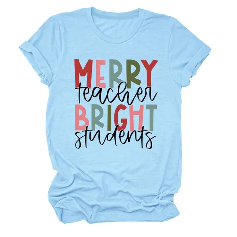 Maglietta Grafica Merry Teacher Bright Students da Donna Casual Girocollo Manica Corta in Misto Cotone Stampato Top