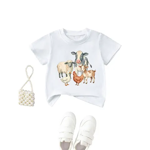 Kids Cotton Blend T-Shirt Casual Short Sleeve Round Neck Top With Farm Animals Watercolor Print For Boys Girls
