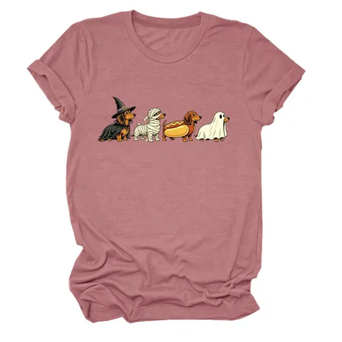 Women Cute Funny Loose Fit Cotton Short Sleeve Top Halloween Dachshund Ghost Graphic Round Neck T-Shirt Mid-Length Crewneck Tee Holiday Apparel