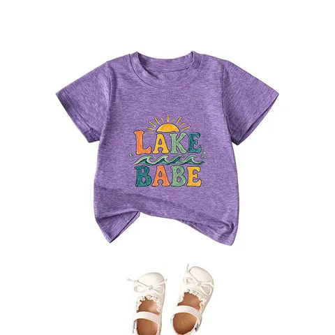 Kids Euro-American Cotton Polyester Blend Printed T-Shirt Vintage Sun Waves Graphic Resort Style Round Neck Short Sleeve Top For Unisex Everyday Vacation Casual