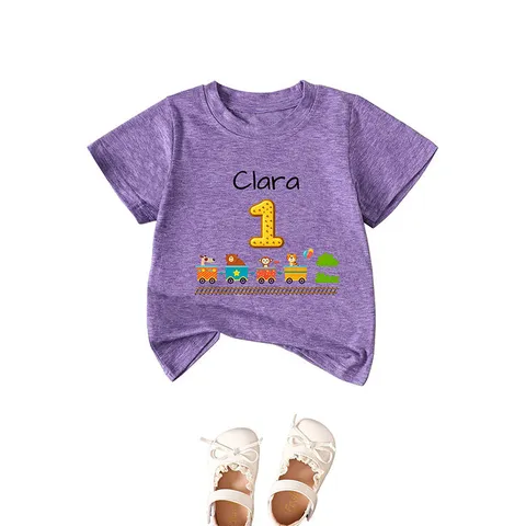 Maglietta con Stampa Trenino degli Animali per Bambini Top Girocollo a Manica Corta Casual in Misto Cotone per Compleanno