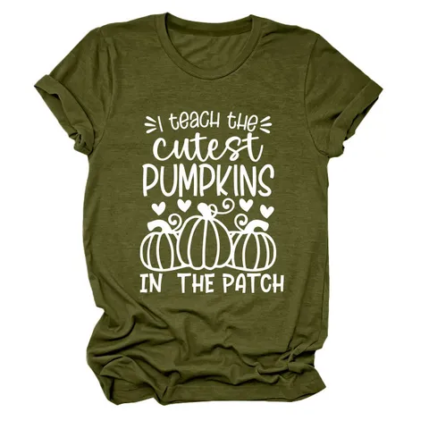 I Teach The Cutest Pumpkins In The Patch T-shirt Women Casual Cotton Blend Round Neck Short Sleeve Top Halloween Teacher Graphic Tee