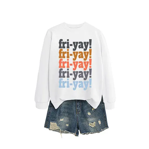 Women Casual Fri-Yay Letter Print Sweatshirt Loose Round Neck Long Sleeve Pullover Pure Cotton Streetwear Fashion Jumper Top