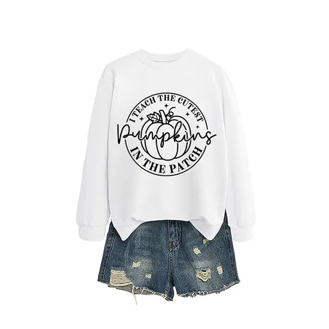 Damen Rundhalsausschnitt Sweatshirt Baumwolle Langarm Kürbis Lehrer Grafikdruck Pullover Top Casual Herbst Mode Kleidung