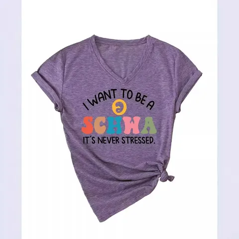 Damen Casual Baumwolle V-Ausschnitt Top Bedruckt Buchstaben-Slogan Kurzarm Sommer Lose Passform T-Shirt Komfort Kleidung Für Alltag