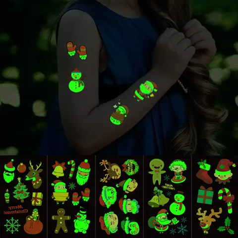Pegatinas de Tatuaje Luminosas de Navidad para Niños Impermeable Brilla en la Oscuridad Papá Noel Muñeco de Nieve Copo de Nieve Tatuajes Temporales Suministros de Fiesta