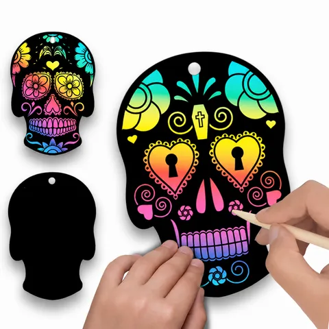 Niños Halloween Calavera Arte para Rascar DIY Día de los Muertos Adorno Colgante Calavera de Flor Juguete de Papel Suministros de Fiesta