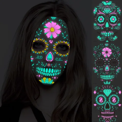 Pegatinas de Tatuaje Facial Brillantes de Halloween Tatuajes Temporales de Calavera Bicolor Fiesta Cosplay Decoración de Arte Corporal