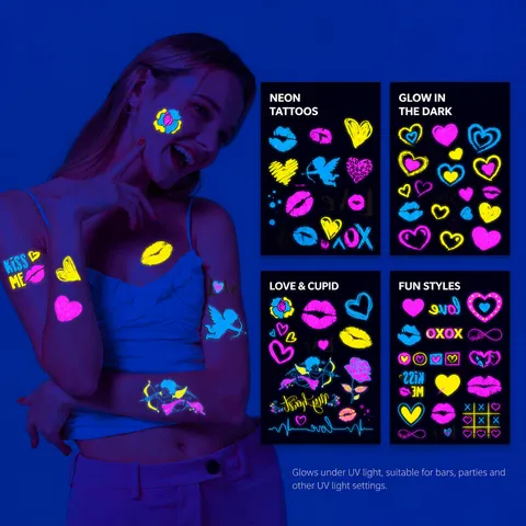 Pegatina de Tatuaje Temporal Impermeable con Estampado de Corazón y Labios Fluorescente Brilla en la Oscuridad Fiesta Arte Corporal