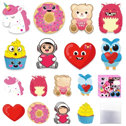 Tarjeta de Felicitación DIY con Corazón de Dibujos Animados de San Valentín Tarjeta de Manualidades para Fiesta Infantil con Sobres Pegatinas