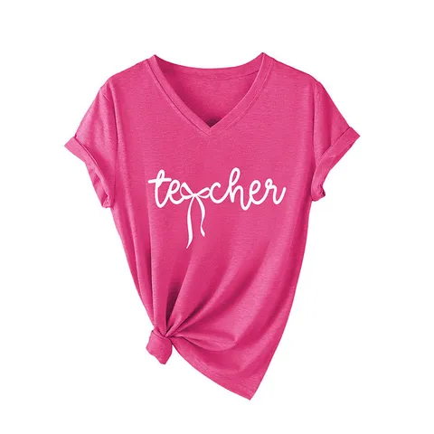 Women's Casual V-Neck Cotton Blend T-Shirt With Bow Letter Graphic Printed Short Sleeve Basic Summer Top For Teacher