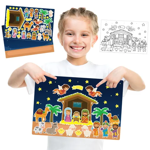 Kids DIY Christmas Nativity Scene Sticker Set Cartoon Manger Story Decorative Sticker Puzzle Craft For Holiday Party Home