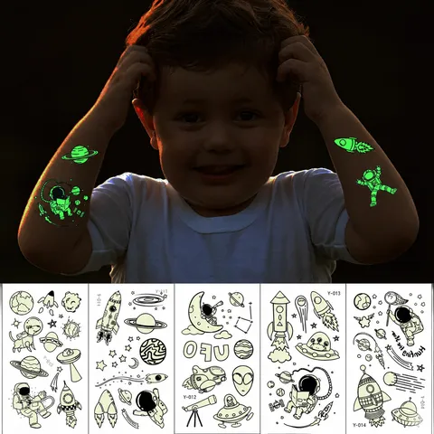 Pegatinas de Tatuaje Temporal Luminosas para Niños Dibujos Animados Espacio Astronauta Cohete Planeta Falsos Tatuajes Impermeables Fiesta