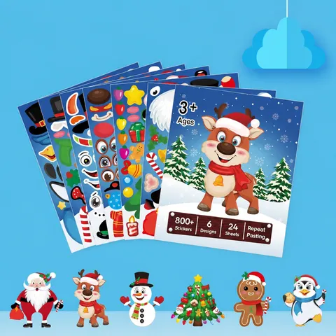 Pegatinas de Expresión DIY de Navidad para Niños Dibujos Animados Papá Noel Muñeco de Nieve Reno Decoración de Fiesta Festiva Pegatinas de Papel Kraft