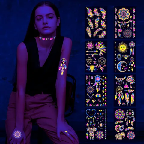 Pegatina de Tatuaje Temporal Estampada en Caliente Fluorescente Pluma Impermeable Tótem Geométrico Adhesivo Brillante de Arte Corporal para Fiesta Mujeres Hombres