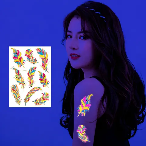 Pegatina de Tatuaje Temporal Estampada en Caliente Fluorescente Pluma Impermeable Tótem Geométrico Adhesivo Brillante de Arte Corporal para Fiesta Mujeres Hombres