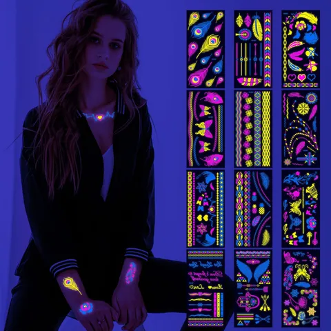 Pegatinas de Tatuaje Temporal Impermeables Fluorescentes Neon UV Efecto Luminoso Arte Corporal Adhesivo de Transferencia para Fiesta Festival Mujer Hombre