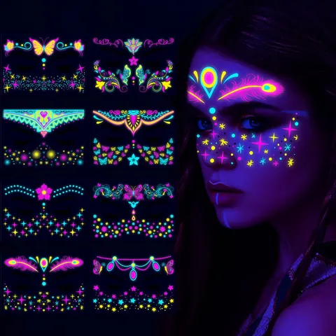 Pegatina de Cara de Mariposa Fluorescente de Transferencia de Agua Pegatinas de Tatuaje Temporal de Neón Para Fiesta de Festival de Música Maquillaje Corporal