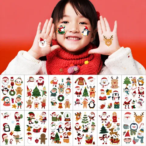 Pegatinas de Tatuaje de Dibujos Animados de Navidad de Transferencia de Agua Impermeable Decoración de Fiesta Festiva Niños Arte Corporal Temporales